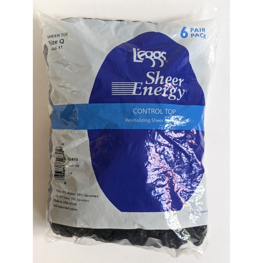NOS L'eggs Sheer Energy Control Top Pantyhose 6 Pair Pack Size Q Black 17 Sealed